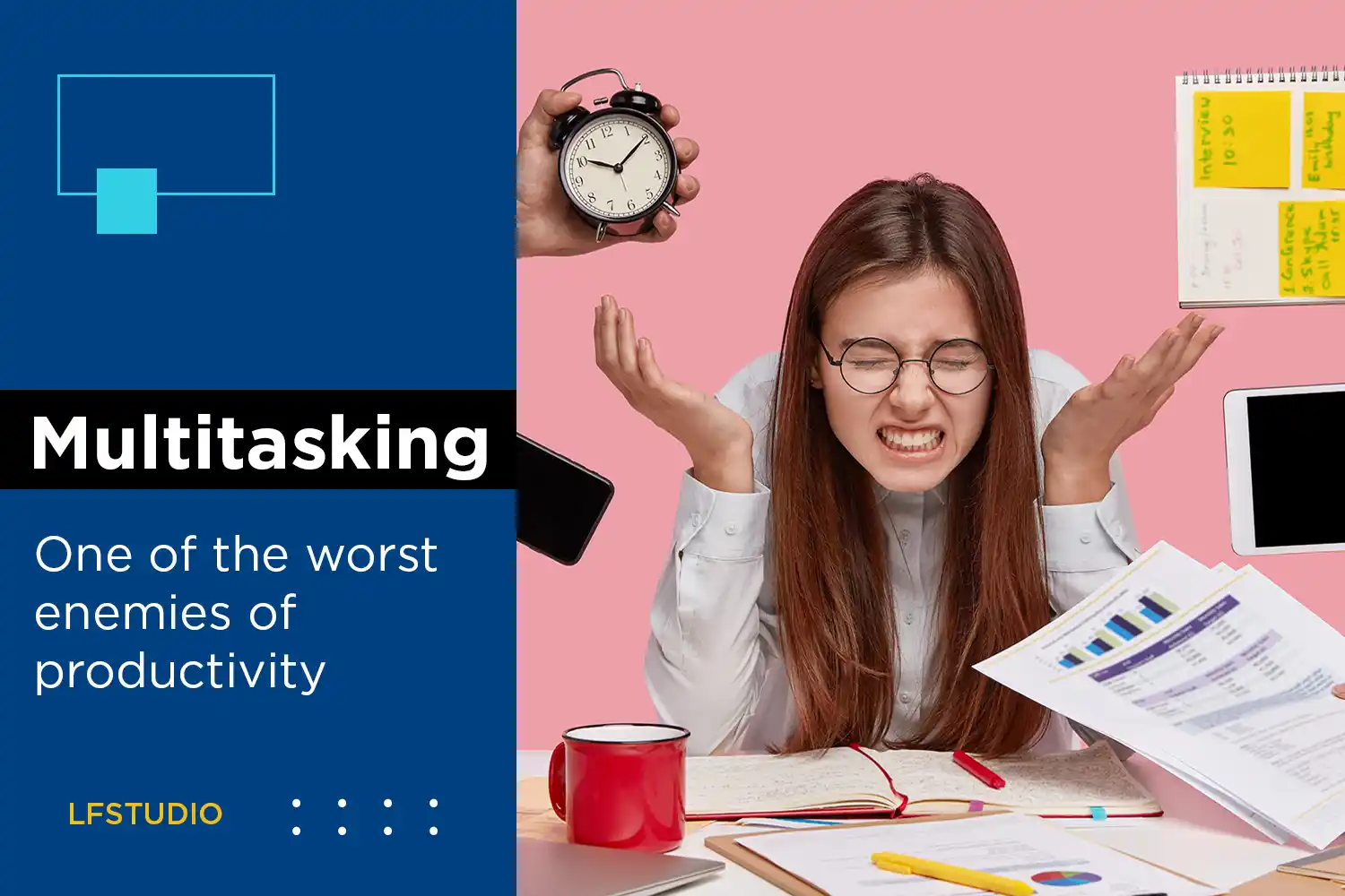 Entrepreneur overwhelmed by multitasking with multiple demands pulling attention in different directions